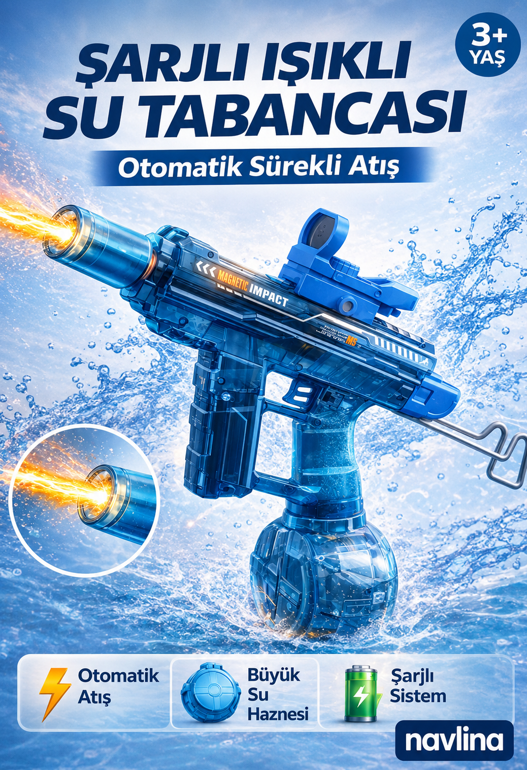 Şarjlı Işıklı Nişancı Ateş Efekli Su Tabancası Led ışıklı Şarşörlü